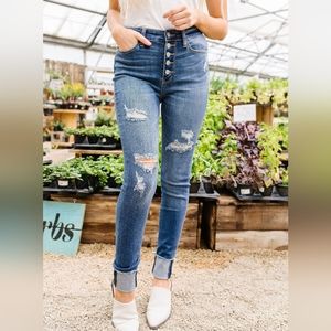 New! Judy Blue High-Rise Distressed Button-Fly Skinny Jeans